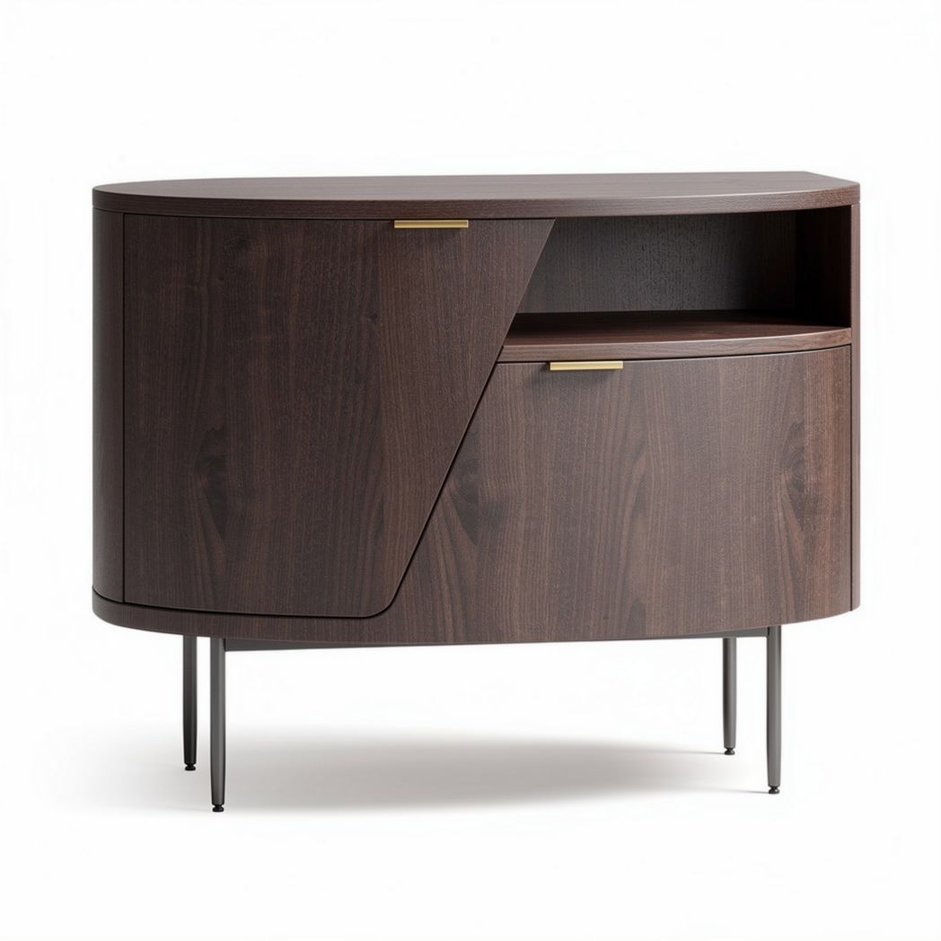 Mid-century modern wood sideboard with metal legs and storage space
