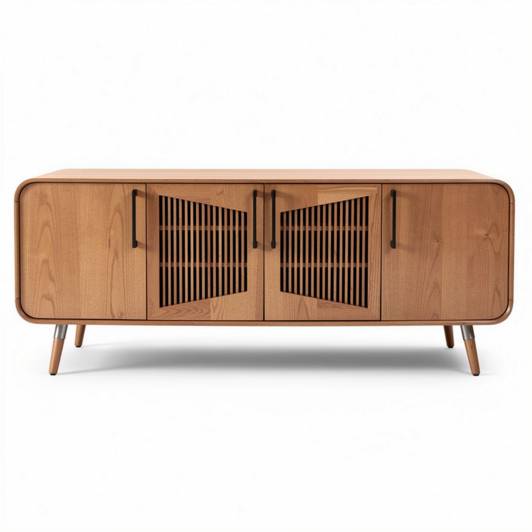 Wooden media console cabinet with slatted doors and tapered legs 60 x 15 x 24 inches