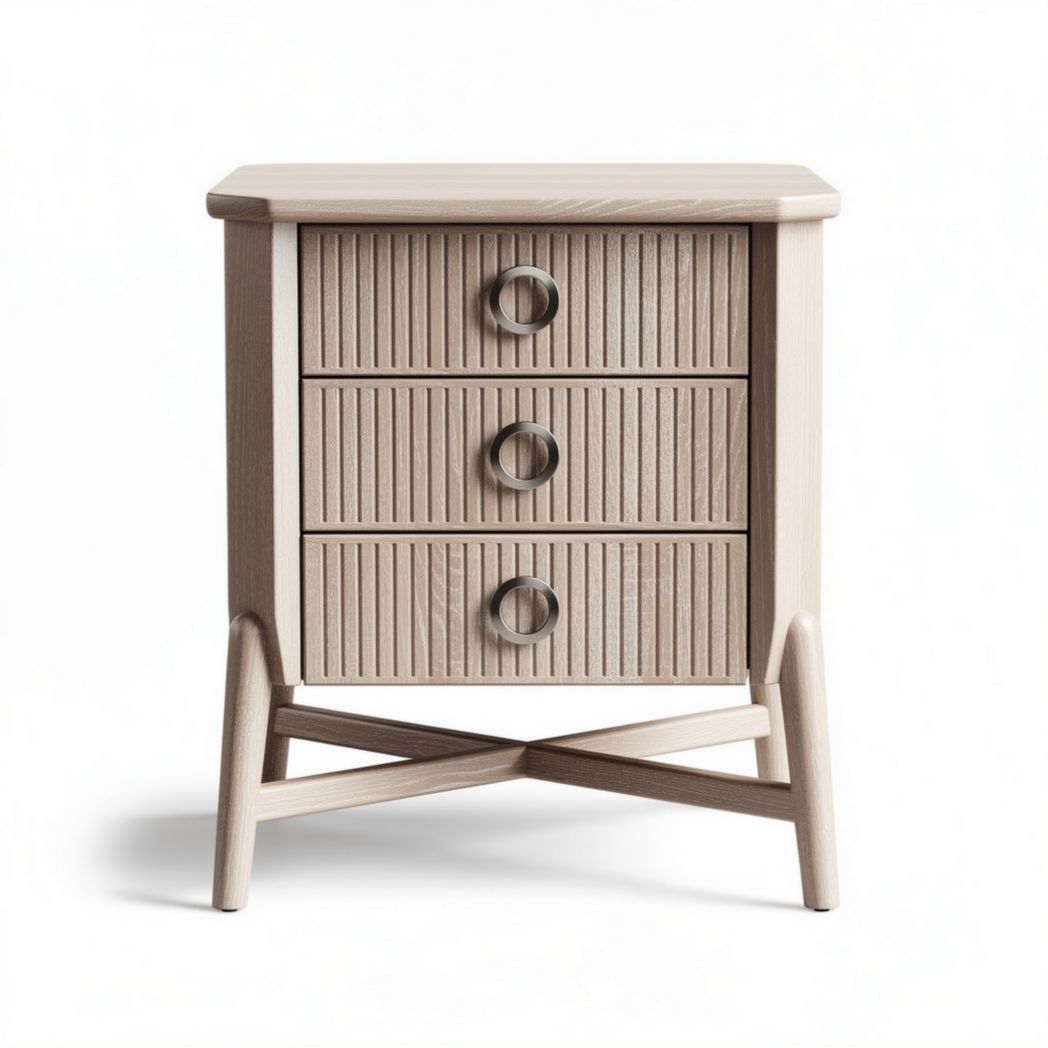 Wooden nightstand with three drawers in natural beige finish 45 x 40 x 60cm