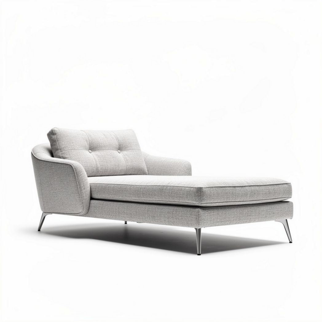 Grey fabric chaise lounge with metal legs measuring 180 x 85 x 75cm