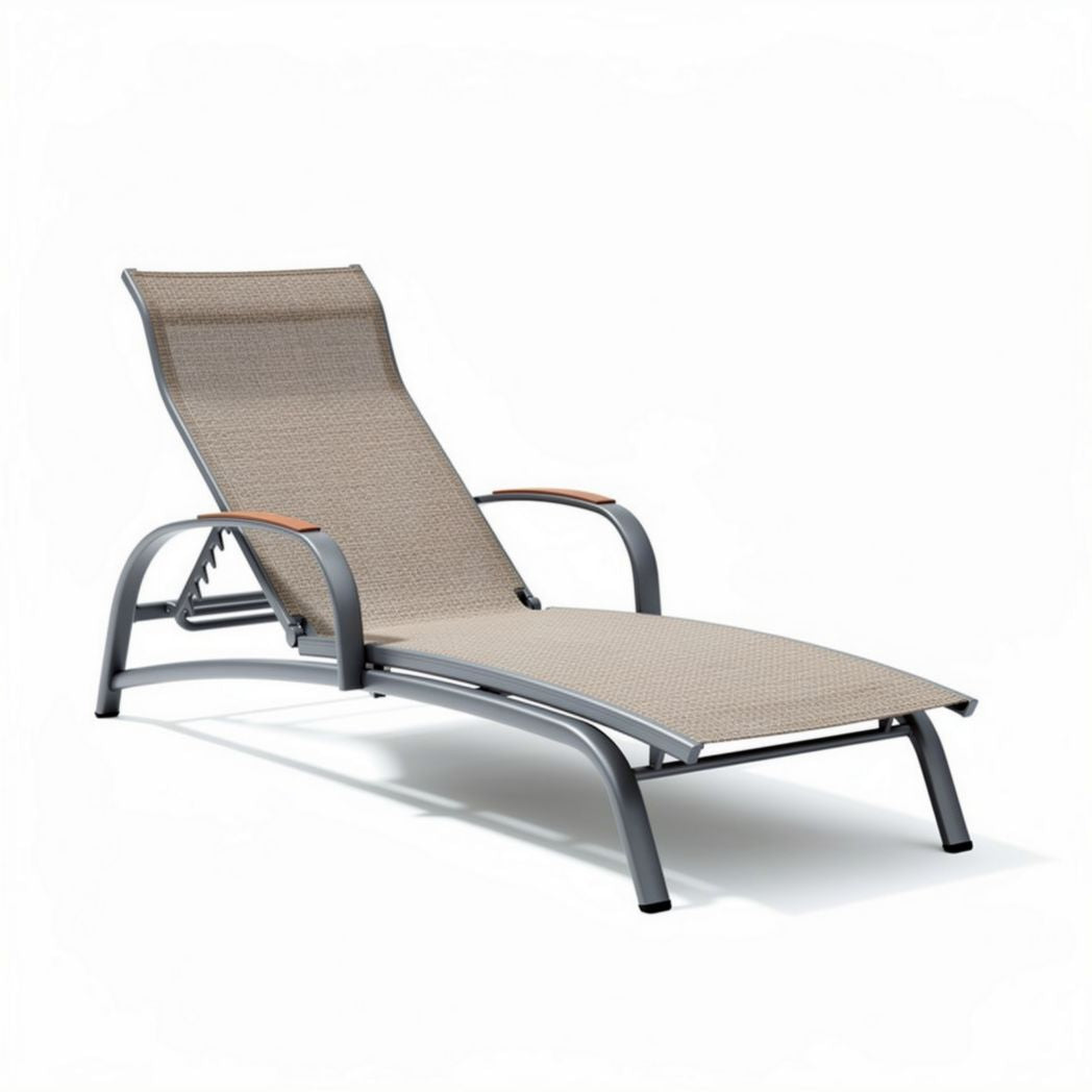 Adjustable outdoor lounge chair with aluminum frame and fabric mesh in beige