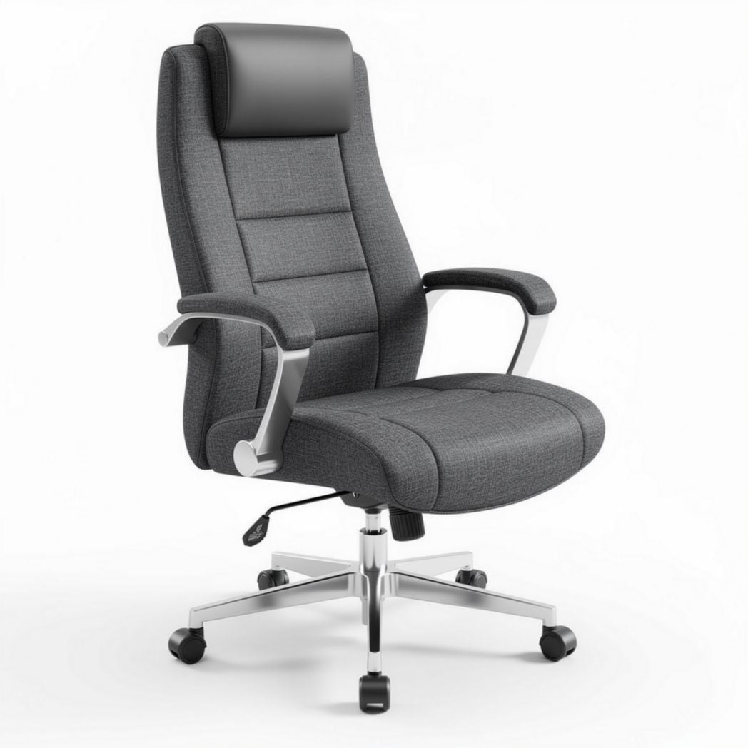 Gray fabric ergonomic office chair with adjustable headrest and swivel base 60 x 60 x 110cm