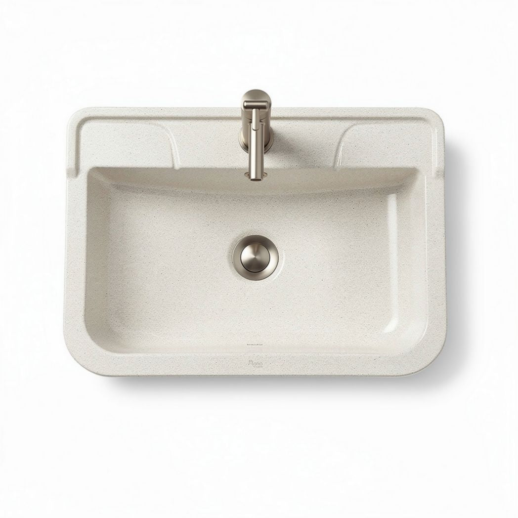 Composite kitchen sink 30 x 18 x 10 inches in white with brushed nickel faucet