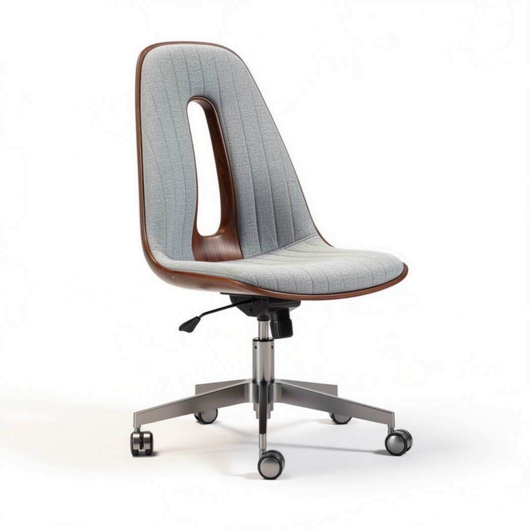 Gray upholstered office chair with wooden accents and adjustable height 45 x 55 x 90cm